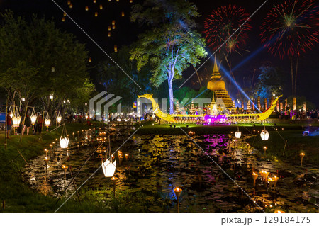 Beautiful Firework Reflection Over Old Pagoda Loy Krathong Festival Sukhothai Thailand Amazing Historic Town. Colorful, city. 129184175
