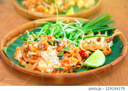 Pad thai shrimp is noodle food Thai Style. 129184179