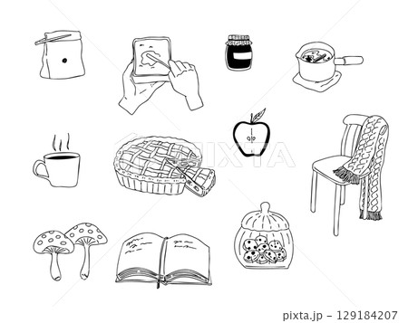 手書きのナチュラルな線画アイコンセット・秋の味覚・アップルパイ・珈琲・インテリア 129184207