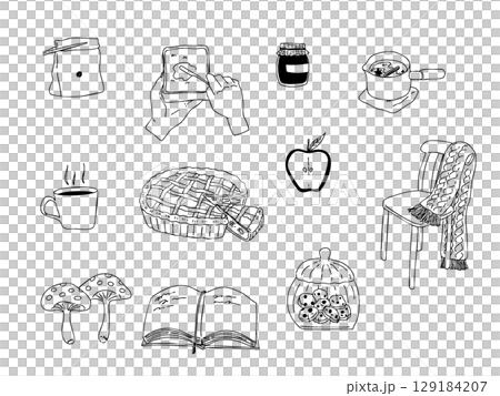 手書きのナチュラルな線画アイコンセット・秋の味覚・アップルパイ・珈琲・インテリア 129184207