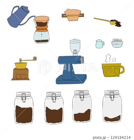 ハンドドリップコーヒー器具のイラストセット・手書き・アイコン・喫茶店・カフェ ハンドドリップコーヒー器具のイラストセット・手書き・アイコン・喫茶店・カフェ 129184214