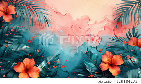 ハイビスカスと葉が彩る夏の抽象背景 129184233