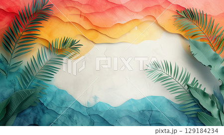 ヤシの葉と重なる夏色の抽象背景 129184234