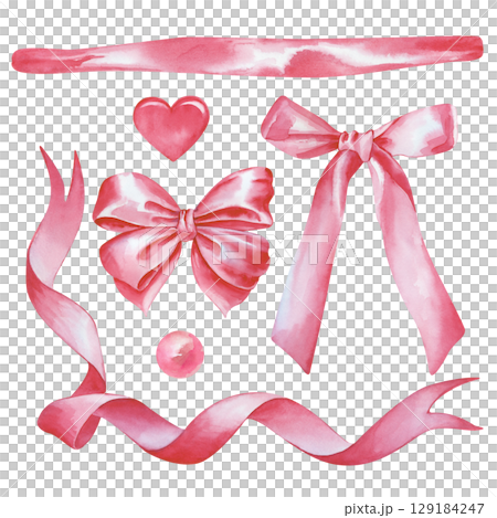 A hand-drawn set with pink festive elements. Watercolor illustration on a white background. Ribbons, bows and decorative elements for decorating holidays and gifts. A template for postcards 129184247