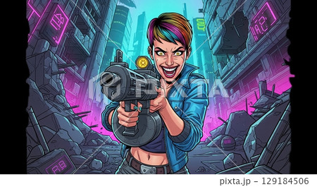 A woman with blue hair firing a large gun in a ruined city 129184506