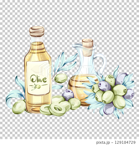 Exploring the essence of olives and olive oil through watercolor illustrations inspired by Italian cuisine 129184729