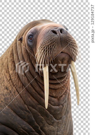 Close-up of majestic walrus with long tusks and wrinkled skin, arctic wildlife isolated on transparent background 129184737