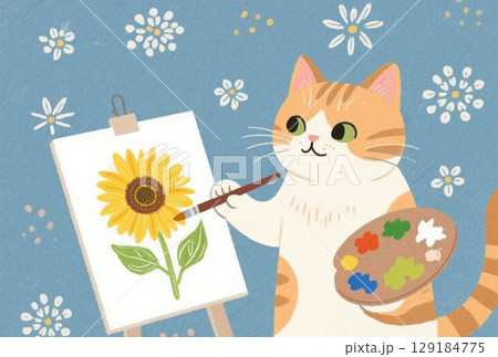 ひまわりの絵を描く猫 129184775