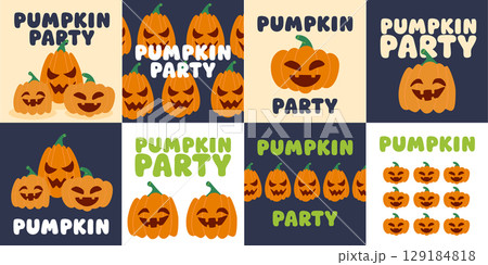 Vector Halloween illustration set with funny and spooky pumpkin faces and Pumpkin Party lettering. Cartoon style design perfect for greeting cards, party invitations, and seasonal decor. 129184818