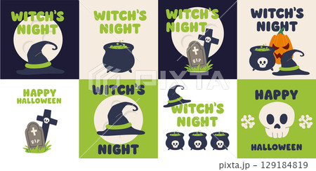 Vector Halloween postcard set with witch hat, cauldron, skull, pumpkin and grave. Spooky cartoon style illustration for seasonal greeting cards, decoration and celebration. Vector Halloween postcard set with witch hat, cauldron, skull, pumpkin and grave. Spooky cartoon style illustration for seasonal greeting cards, decoration and celebration. 129184819