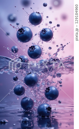 Beautiful Blueberries Bursting Through a Wave of Water 129184960