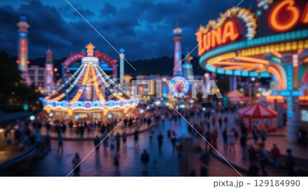 A Lively Night Scene at an Amusement Park 129184990