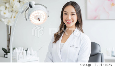 Asian female dentist smiling in clinic with modern equipment and bright lighting 129185025