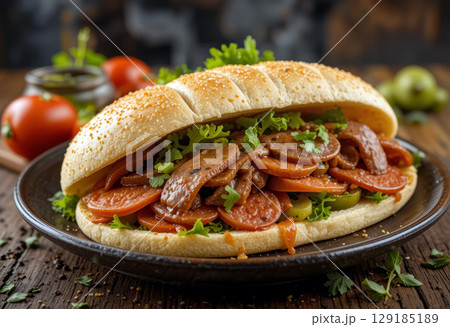 Freshly Made Submarine Sandwich with Vegetables and Pepperoni on Plate. Freshly Made Submarine Sandwich with Vegetables and Pepperoni on Plate. 129185189