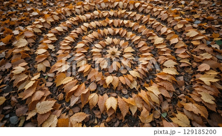 Autumn Leaves Arranged in a Spiral Pattern on the Forest Floor. 129185200