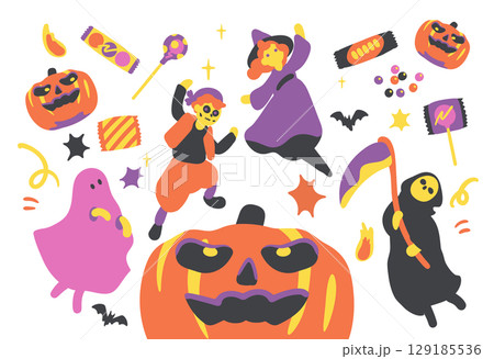 ハロウィンの楽しい仮装とかぼちゃとお菓子 129185536