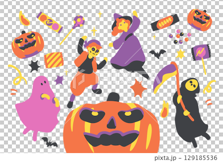 ハロウィンの楽しい仮装とかぼちゃとお菓子 129185536