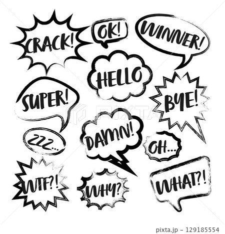 Grunge comic speech bubbles with handwritten text, brush strokes, ink smudges, acrylic stains or charcoal streaks. Hand drawn retro cartoon stickers. Chatting, message box. Vector illustration Grunge comic speech bubbles with handwritten text, brush strokes, ink smudges, acrylic stains or charcoal streaks. Hand drawn retro cartoon stickers. Chatting, message box. Vector illustration 129185554
