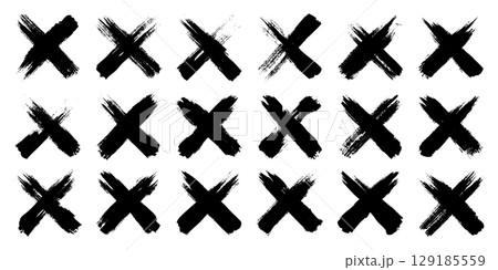 Grunge crosses, brush strokes, x mark, lines, ink smudges, hand-drawn scribble shapes. Handmade sketchy marks, acrylic stains, charcoal streaks. Paint textures, dry brush effect. Vector illustration 129185559