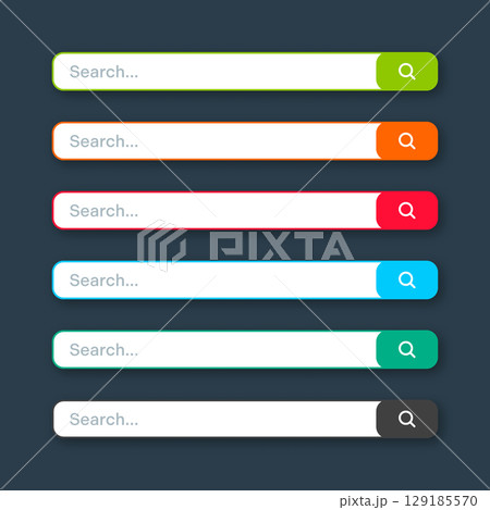 Various search bar templates. Internet browser engine with search box, address bar and text field. UI design, website interface element with web icons and push button. Vector illustration 129185570