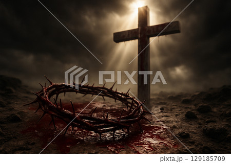 Religious representation of Crown of Thorns with Holy Cross with shining light from the sky. Christianity concept. 129185709