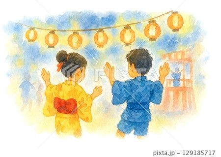 盆踊りを楽しむ浴衣姿の子供たちのイラスト 129185717