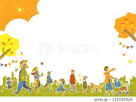 いろいろな世代の人々が暮らす秋の街　テクスチャ効果のあるカラフルで楽しいフレームイラスト 129185926