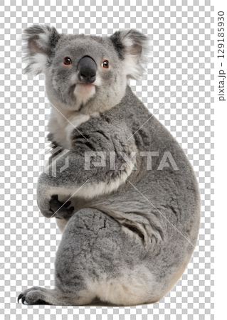 Cute koala bear sitting isolated on transparent background, fluffy australian marsupial 129185930
