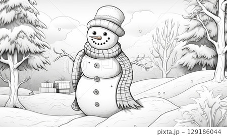 Black and white doodle christmas snowman coloring book 129186044