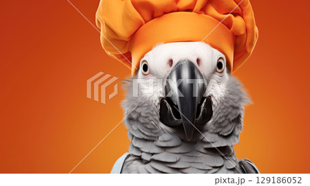 Parrot in chef's hat on an orange background, place for your text 129186052