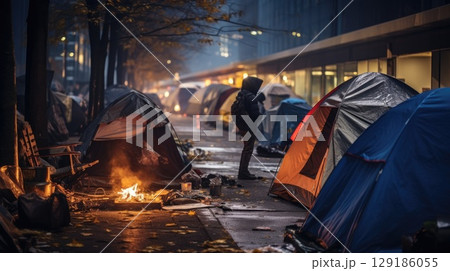 Tents set up outdoors on a city street 129186055