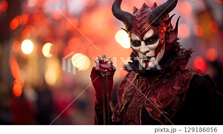 Man in red devil costume with copyspace 129186056