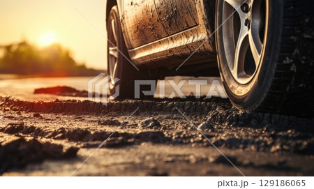Close-up of a car on a hot sun road 129186065