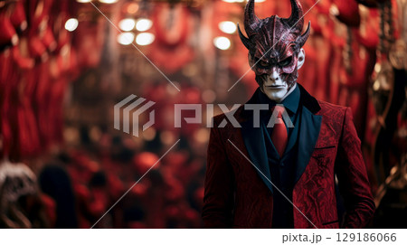 Man in red devil costume with copyspace 129186066