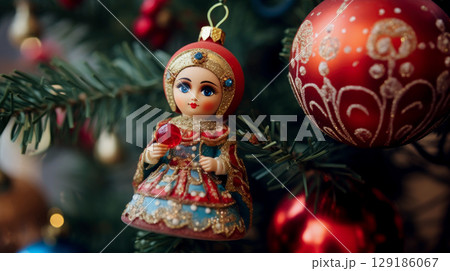 Christmas toys in the form of dolls close-up 129186067
