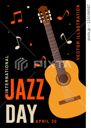 Jazz Day. Poster background template for music festival. Classical wooden guitar event flyer design. April 30. International Jazz Day Celebration. Vector illustration. 129186087