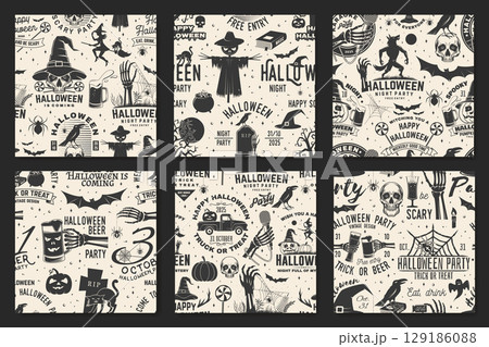 Set of Halloween night party seamless pattern or background. Vector. Seamless scene for holiday Halloween wallpaper or wrapper with werewolf, skull hand hold microphone, wizard hat, spiders, bats 129186088