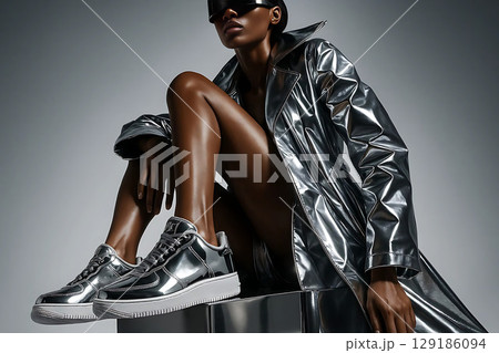 Stylish Portrait of Model in Silver Jacket and Sneakers 129186094