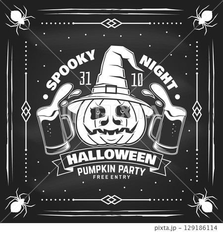 Halloween Pumpkin design on the chalkboard. Spooky night. Vector illustration. For holiday Halloween design, shirt, logo, badge, decorations, cards, banner with pumpkin in wizard hat, beer silhouette. 129186114
