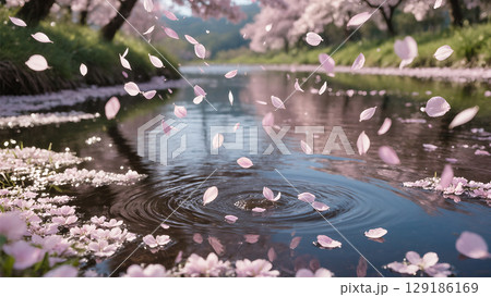 水面に映る桜 129186169