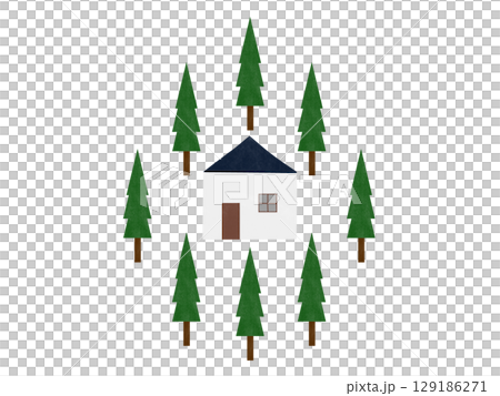 木に囲まれた青い屋根の家のイラスト 129186271