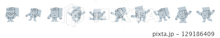 Toilet paper characters. Funny toilet paper mascots with happy smile face in different poses. Various doodle paper rolls sticker pack design. 129186409