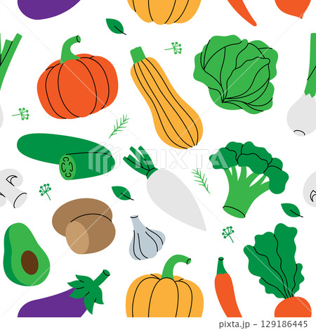 Vegetables pattern. Fresh raw vegetables. Healthy eating. Organic farm company design template. Vector illustration. Vegetables pattern. Fresh raw vegetables. Healthy eating. Organic farm company design template. Vector illustration. 129186445