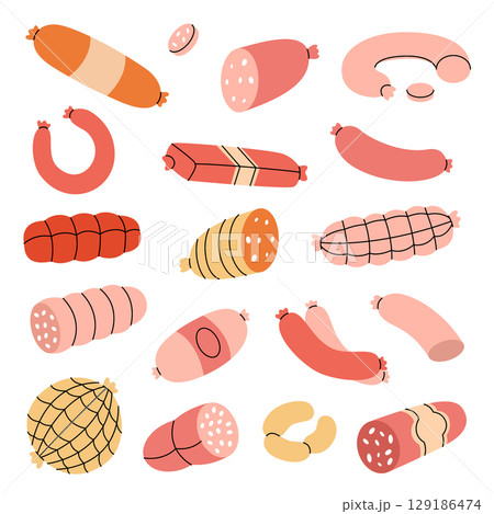 Raw sausages. Semi-finished products. Butchery menu design template for food market, ecommerce, products promotion. Vector illustration. Raw sausages. Semi-finished products. Butchery menu design template for food market, ecommerce, products promotion. Vector illustration. 129186474