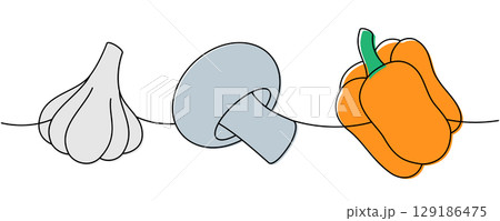 Garlic bulb, mushroom, fresh pepper one line colored continuous drawing. Fresh organic vegetables. Vector illustration 129186475
