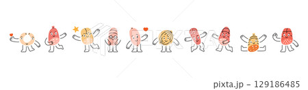 Sausages characters. Sausages funny mascot with face, hands and feet. Doodle sausages sticker pack for meat shop, foods market, products promotion. Sausages characters. Sausages funny mascot with face, hands and feet. Doodle sausages sticker pack for meat shop, foods market, products promotion. 129186485