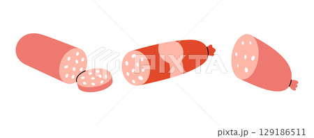 Sausage with slices, raw sausage, pork sausage. Butchery menu. Vector illustration. 129186511