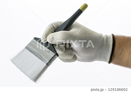 Hand wearing rubber glove holds paintbrush with black handle and white bristles, ready for painting. background is plain white, emphasizing tools 129186602