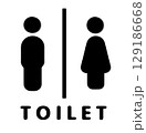 on an white background there is a sign with the direction of the toilets 129186668