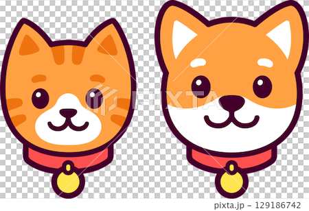 Cute cartoon cat and dog portrait drawing 129186742